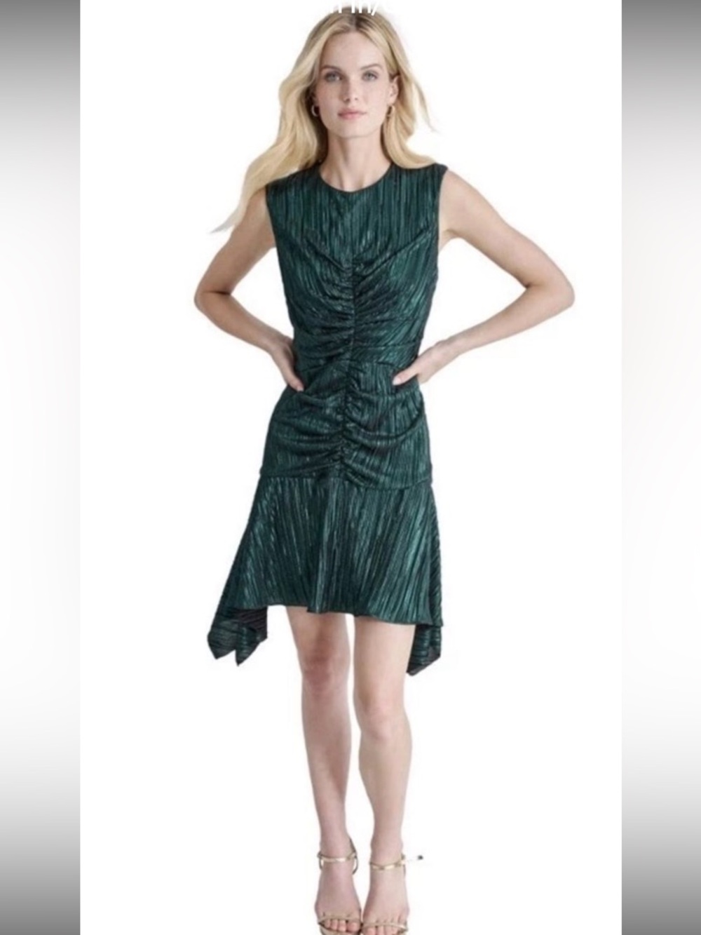 DKNY Green Metallic Ruched Dress Size 16 NWT Asymmetrical Hem Cocktail Party